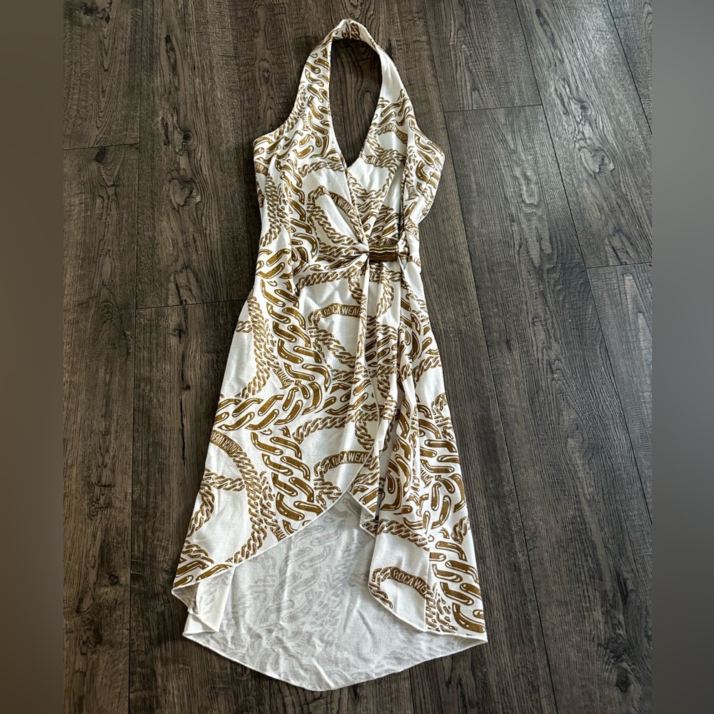 Y2K Rocawear White and Gold Chain Print High Low Dress